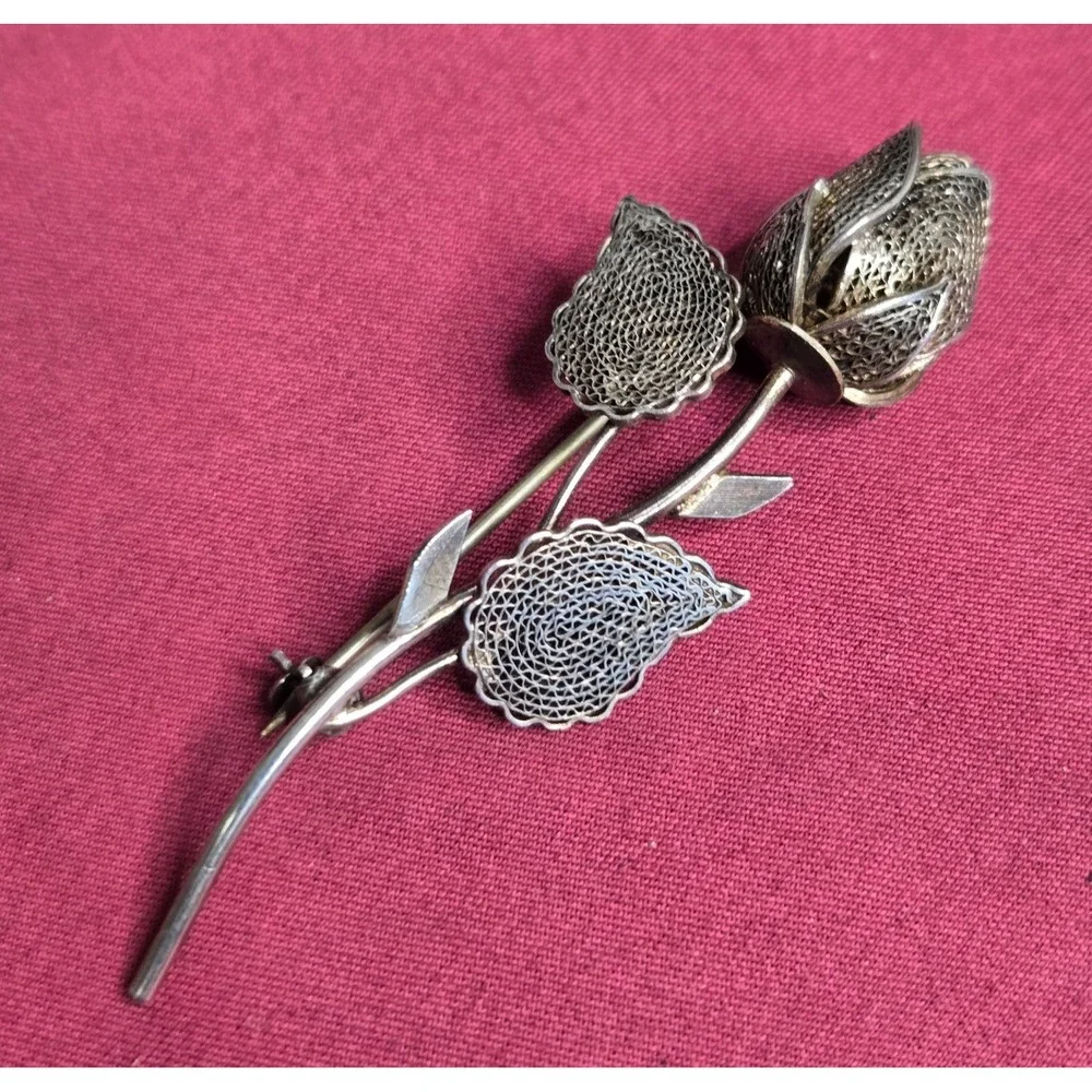 Vintage FAS 925 Sterling Silver Filigree Rose Brooch Pin 2.5